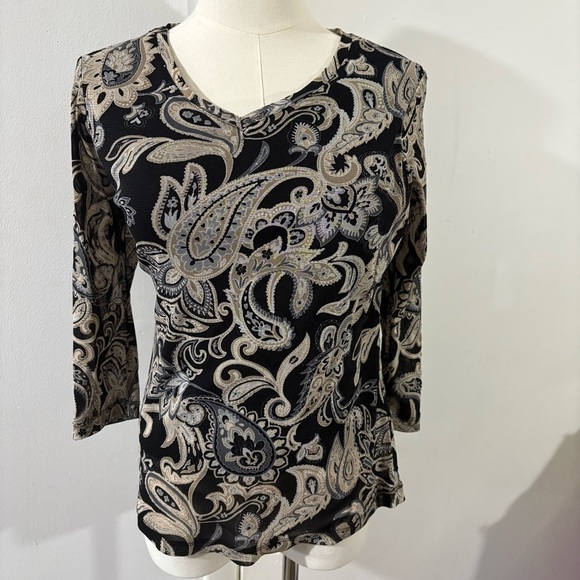 croft & barrow Tops - Croft & Barrow Black Beige Paisley Blouse 3/4 Sleeve Sz S Classic Boho Stretch